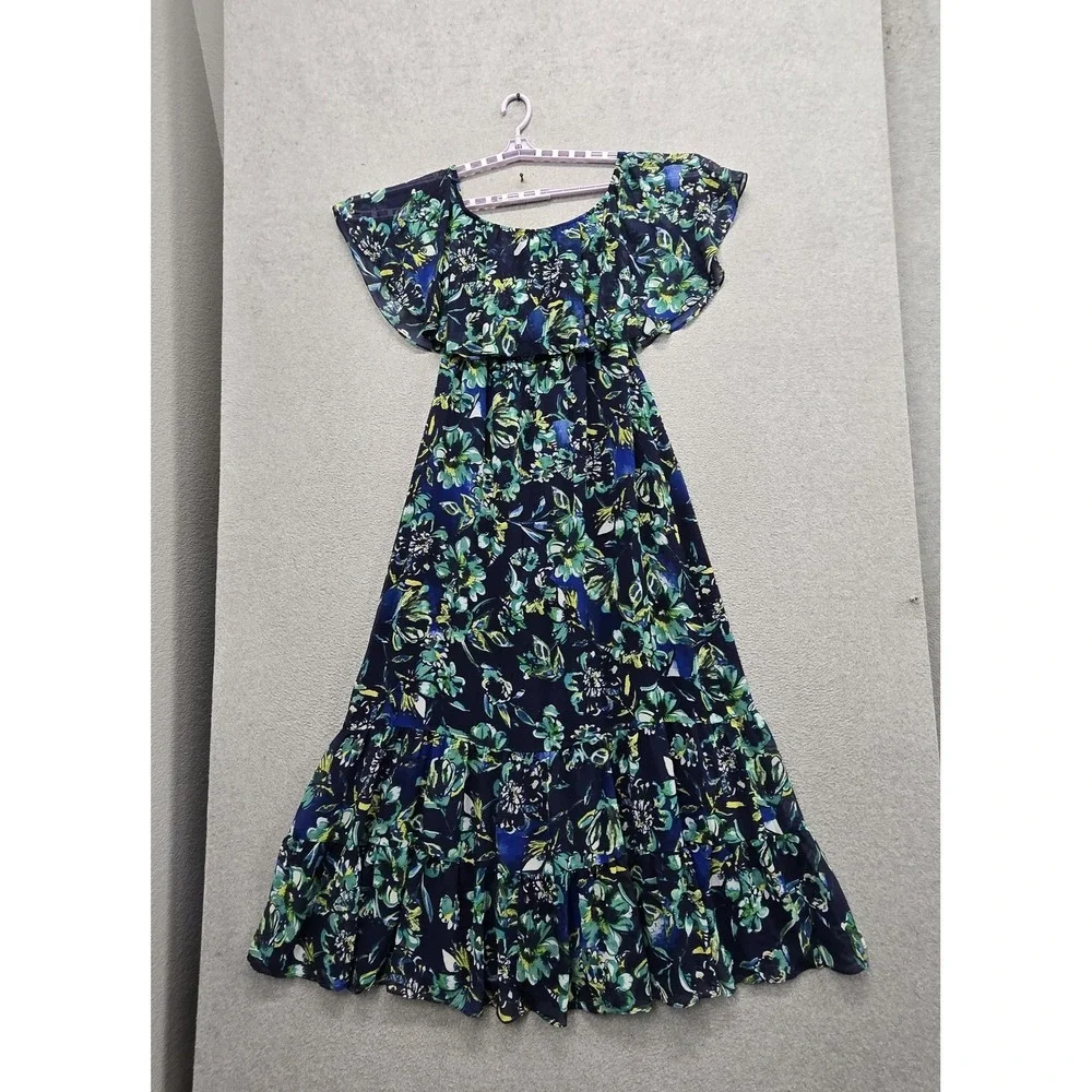 Donna‎ Morgan Women Dress 4 Navy Floral Maxi Milkmaid Chiffon Cottagecore NWT